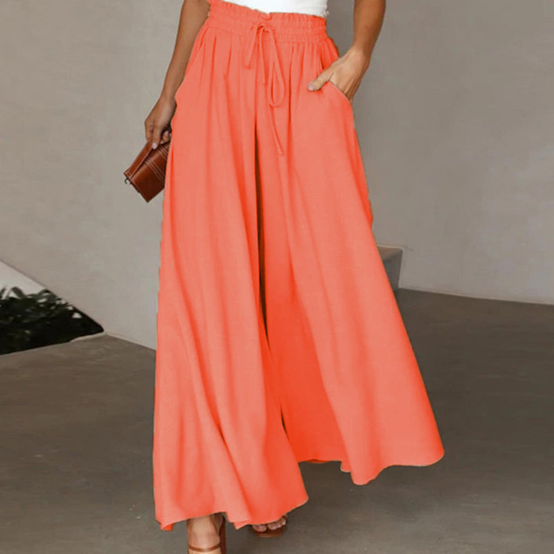 Women's High Waist Wide Leg Pants Elastic Drawstring Casual Loose Flowy Trousers With Pockets