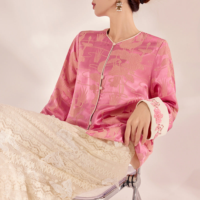 Chinesischer Stil Retro Perlenstickerei Design Bluse Maulbeerseide Anmutiger und Modischer Mantel