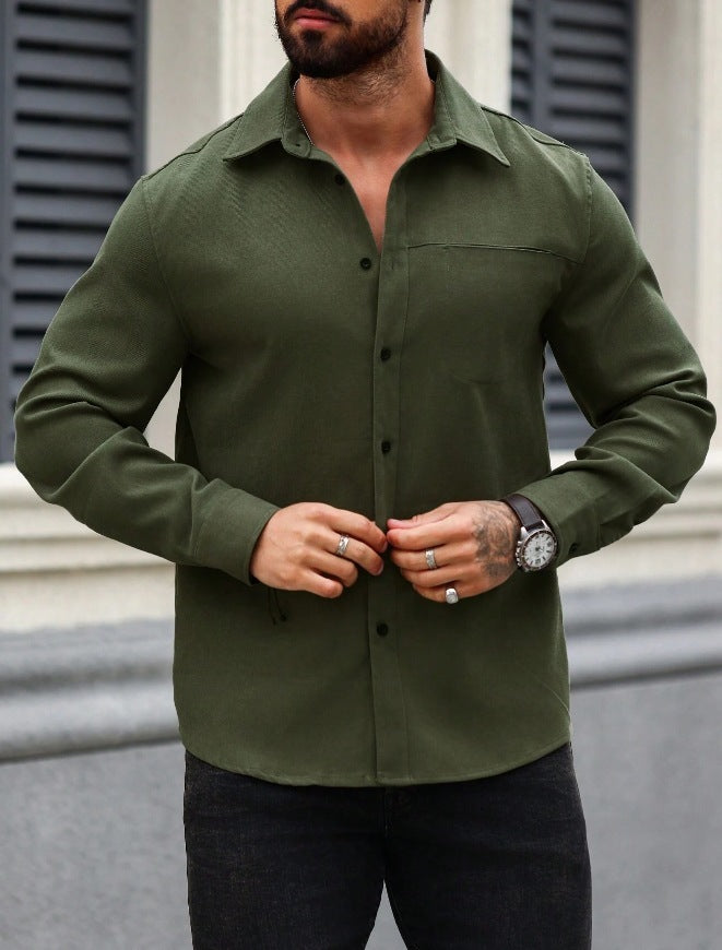 Men's Solid Color Pocket Shirt Long Sleeve Single-breasted Lining