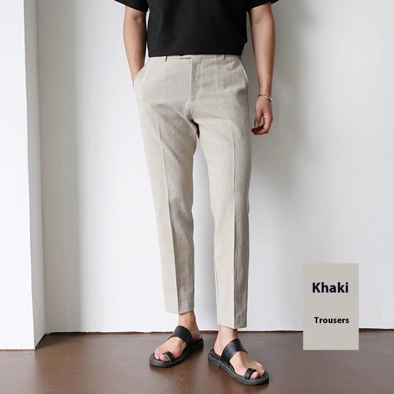 White For Men Cotton Fabric Cropped Linen Trousers
