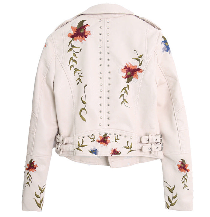 Spring Supply Light Mature Temperament Embroidered Rivets Women's PU Heavy Metal Fashion Leather Women's Short Jacket