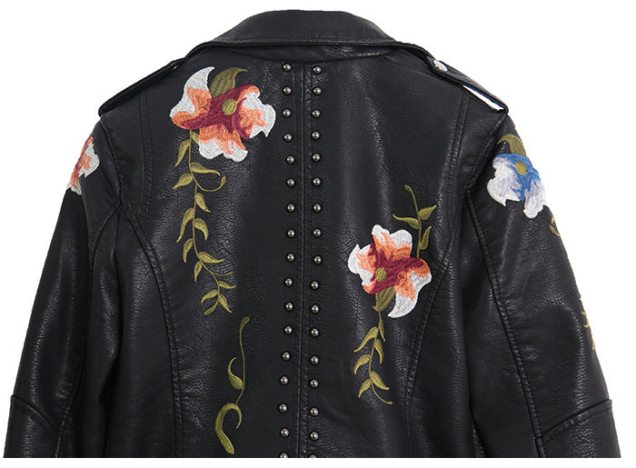 Spring Supply Light Mature Temperament Embroidered Rivets Women's PU Heavy Metal Fashion Leather Women's Short Jacket