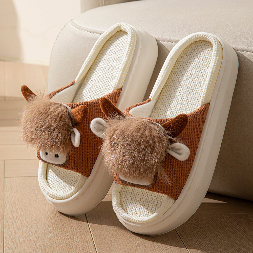 Spring And Autumn Linen Indoor Home Cartoon Eva Soft Bottom Mute Sweat-absorbent Slippers For Women