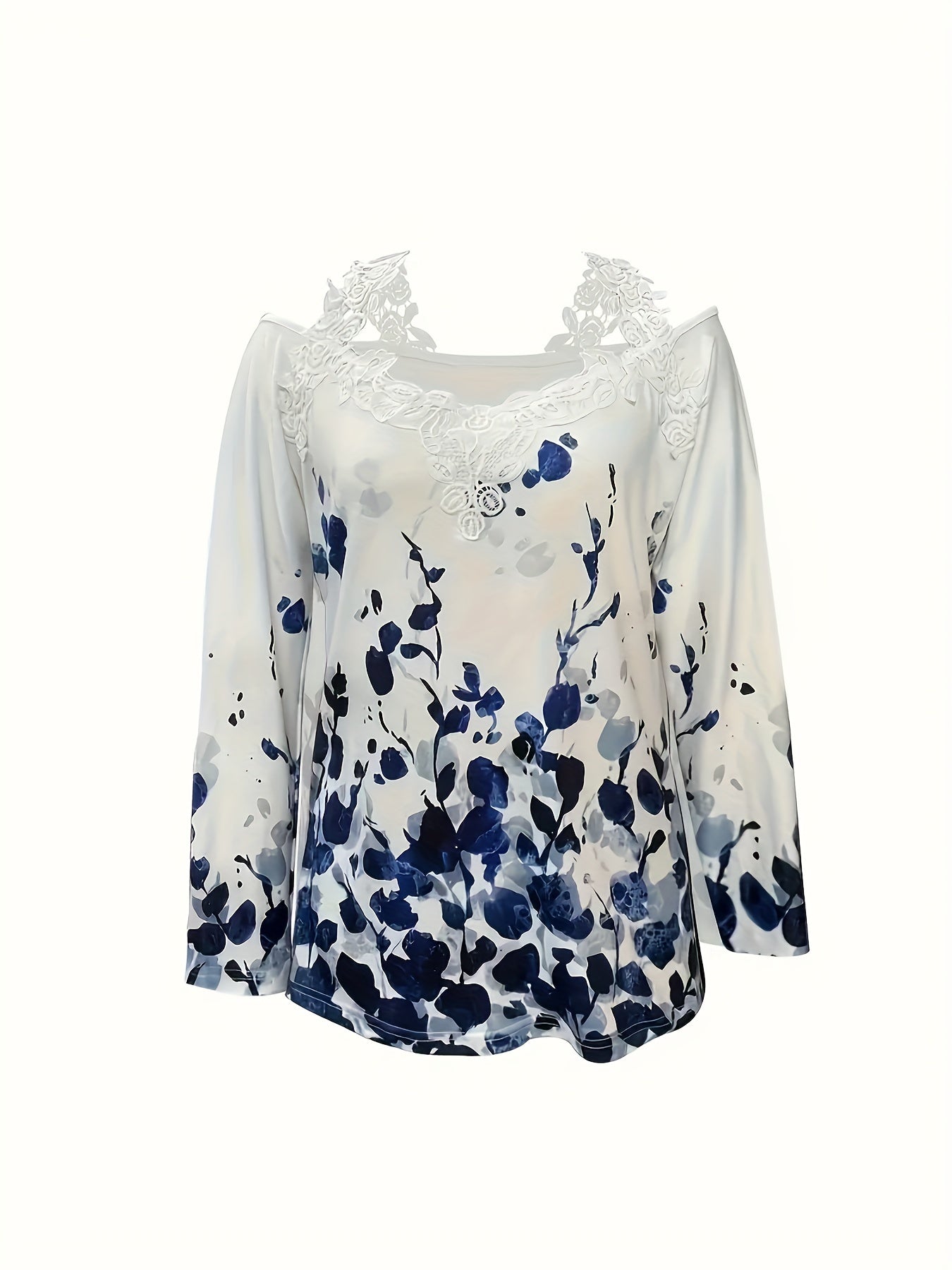 Frühling und Herbst Neue Lässige Pflanzenmuster Spitze Trim Off-Shoulder Langarm Oberteil