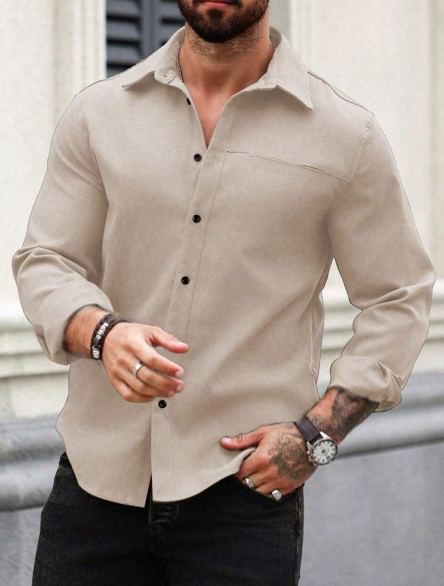 Men's Solid Color Pocket Shirt Long Sleeve Single-breasted Lining