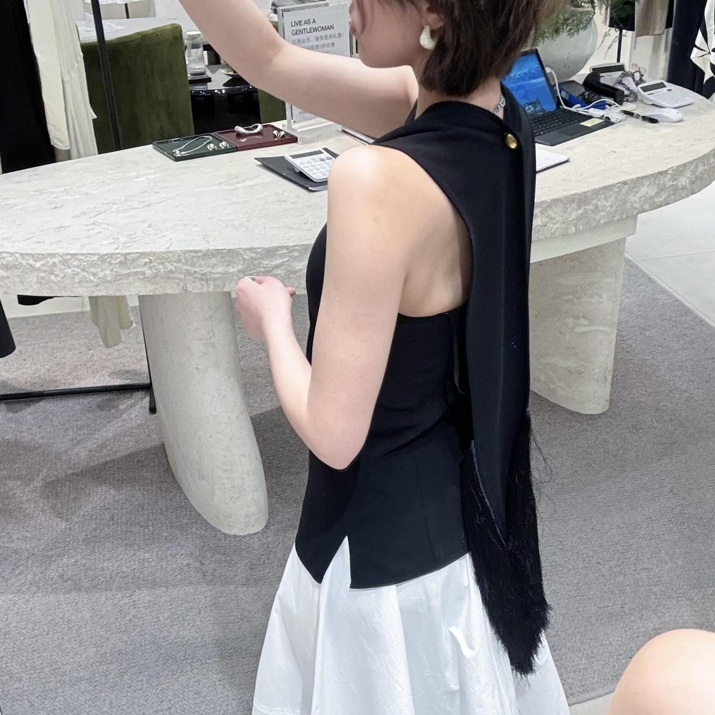 Black Sleeveless White Shirt Skirt Suit Women's Casual