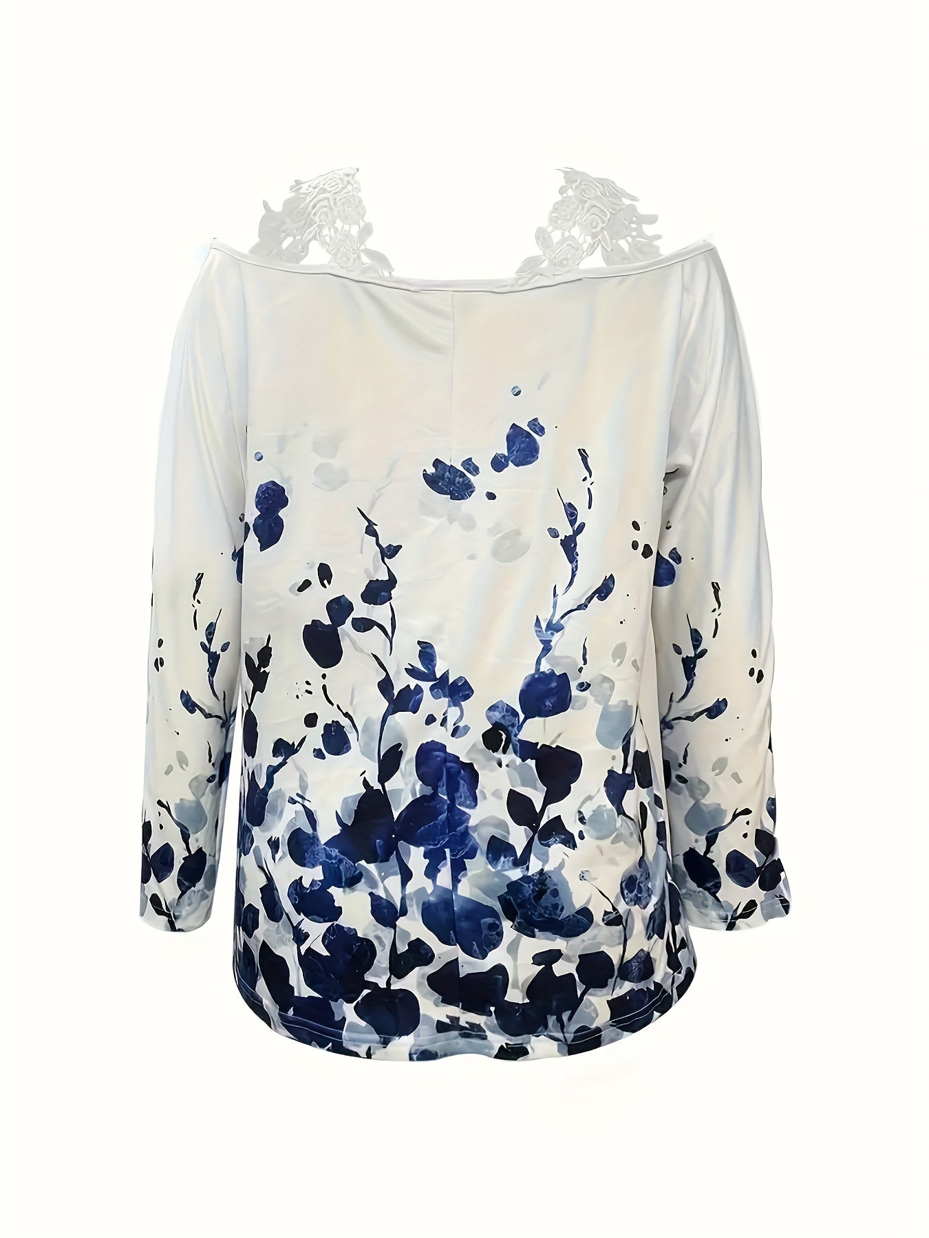 Frühling und Herbst Neue Lässige Pflanzenmuster Spitze Trim Off-Shoulder Langarm Oberteil