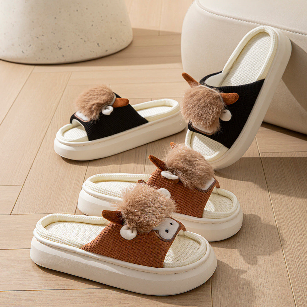 Spring And Autumn Linen Indoor Home Cartoon Eva Soft Bottom Mute Sweat-absorbent Slippers For Women