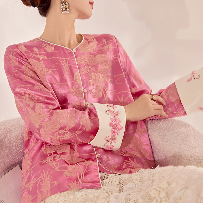 Chinesischer Stil Retro Perlenstickerei Design Bluse Maulbeerseide Anmutiger und Modischer Mantel