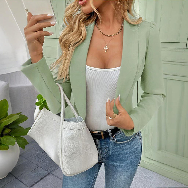 Damen Revers Freizeit Sportjacke Langarm Knopf Vorder Blazer, Einfarbige Jacke für Frühling & Herbst