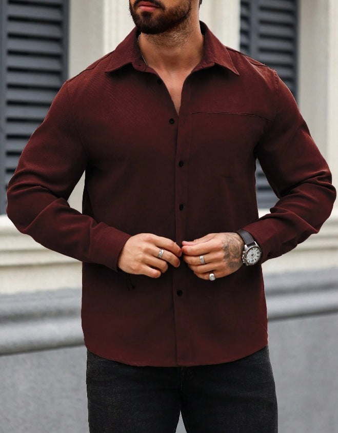 Men's Solid Color Pocket Shirt Long Sleeve Single-breasted Lining