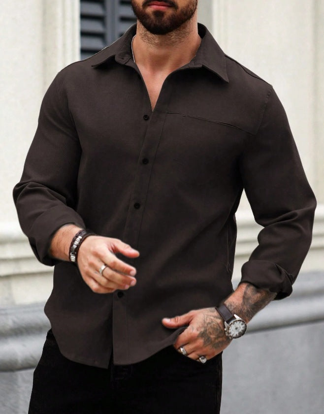 Men's Solid Color Pocket Shirt Long Sleeve Single-breasted Lining