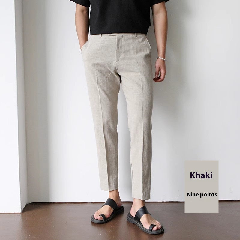 White For Men Cotton Fabric Cropped Linen Trousers