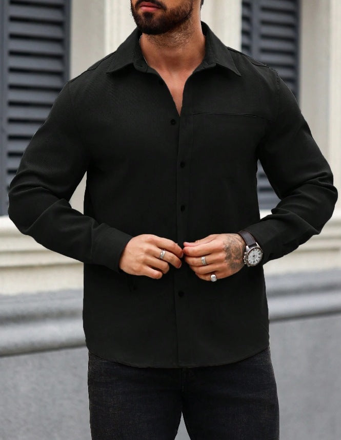 Men's Solid Color Pocket Shirt Long Sleeve Single-breasted Lining