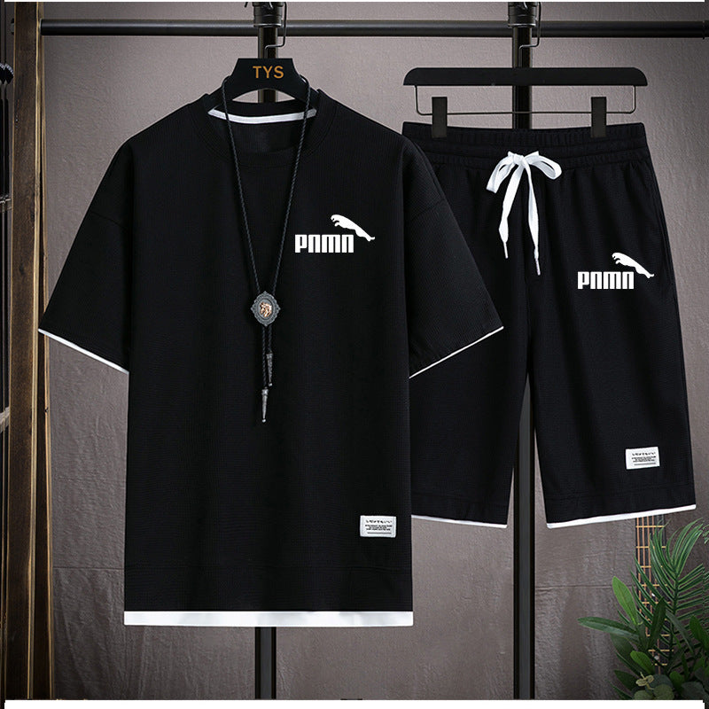 Waffle Short Sleeve T-shirt Men's Casual Sports Suit Wholesale Summer Loose Fake Two-piece Half Sleeve T-shirt Two-piece Set