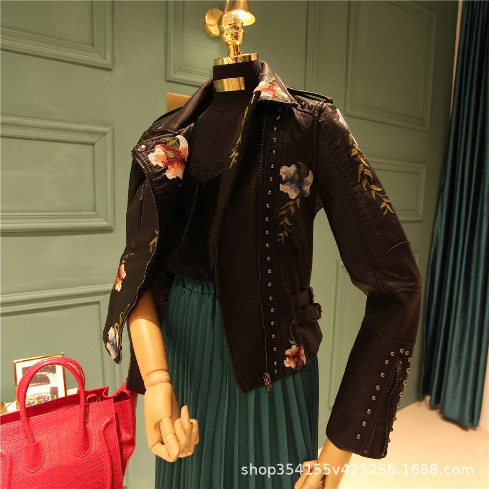 Spring Supply Light Mature Temperament Embroidered Rivets Women's PU Heavy Metal Fashion Leather Women's Short Jacket
