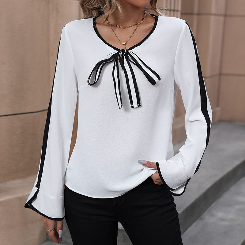 Spring Women's Commuter Top Lace-up Bow Shirt Long-sleeved Contrasting Color Shirt
