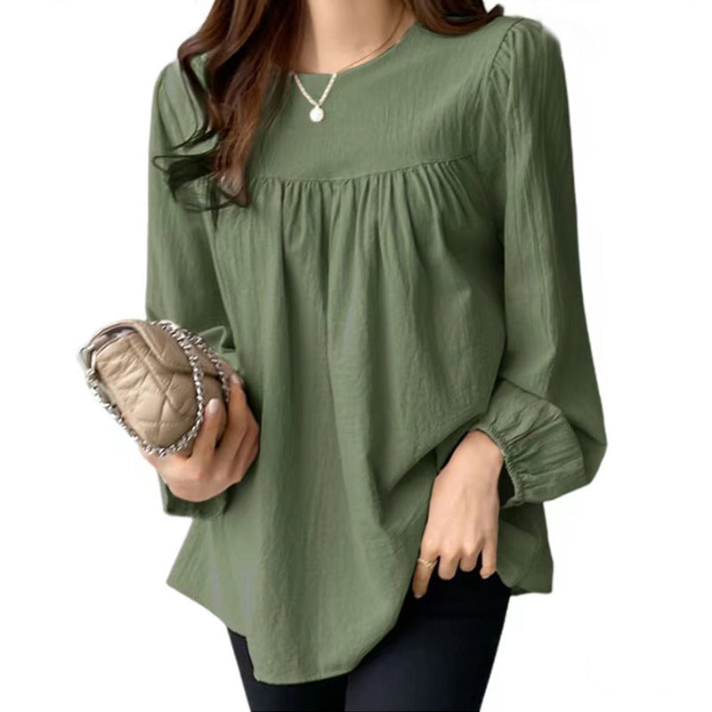 Spring And Autumn European And American Clothing Solid Color Loose Round Neck Large Size Shirt
