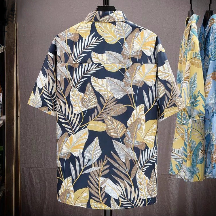 Summer New Hawaiian Shirt Thin Section Quick-drying Ice Silk Loose All-match Beach Print Men's Short-sleeved Shirt Tide