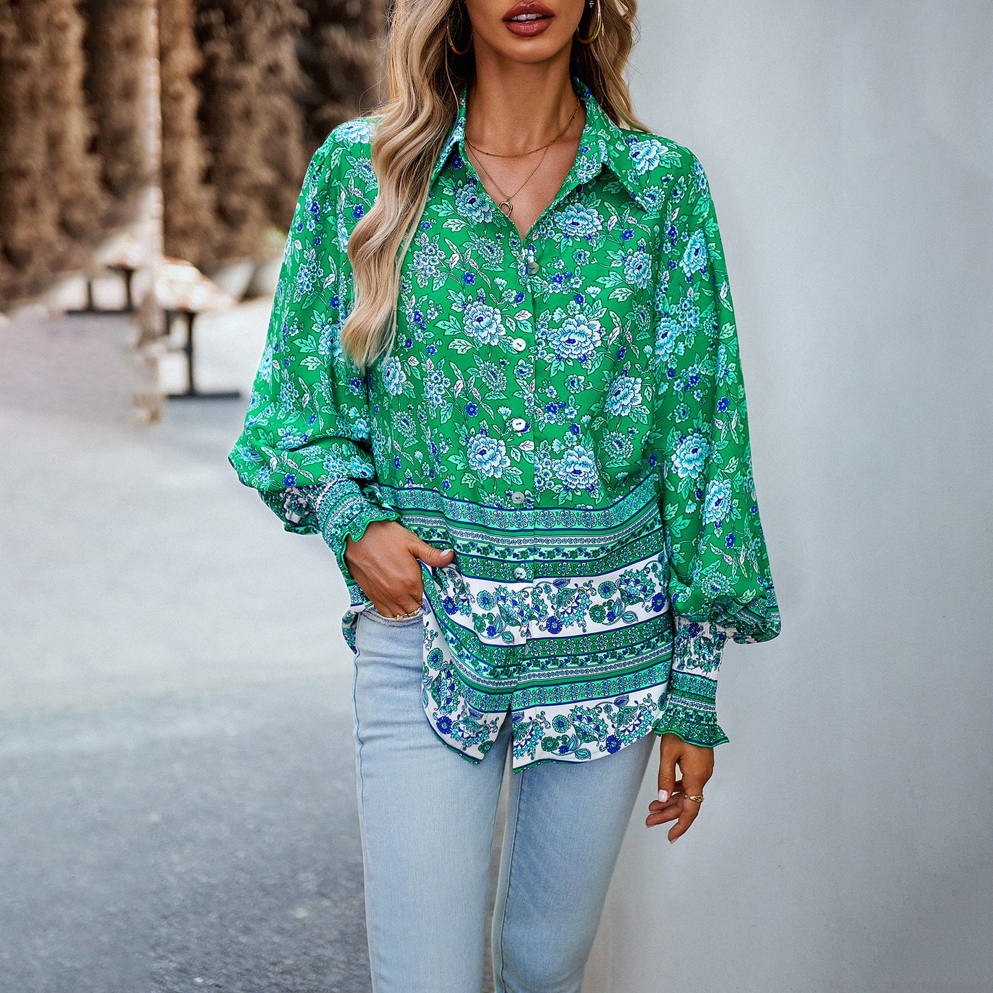 Diyun Design European And American Cross-Border Amazon Printed Shirt Women's 2023 Autumn And Winter Foreign Trade Vacation Casual Long-Sleeved Top