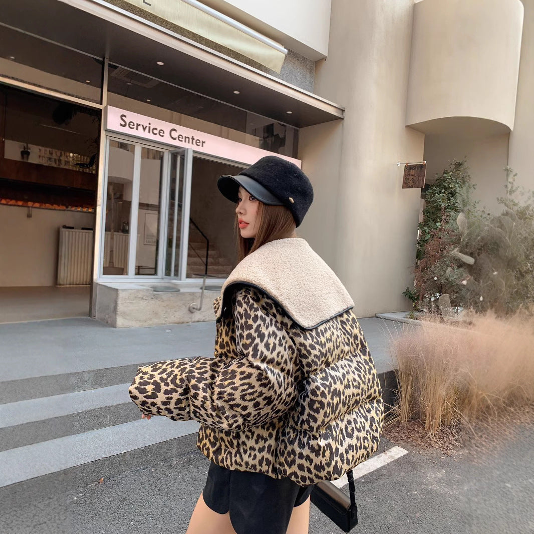 Leopard Print Large Lel Women's Short Slim Look Elegant Loose Coat