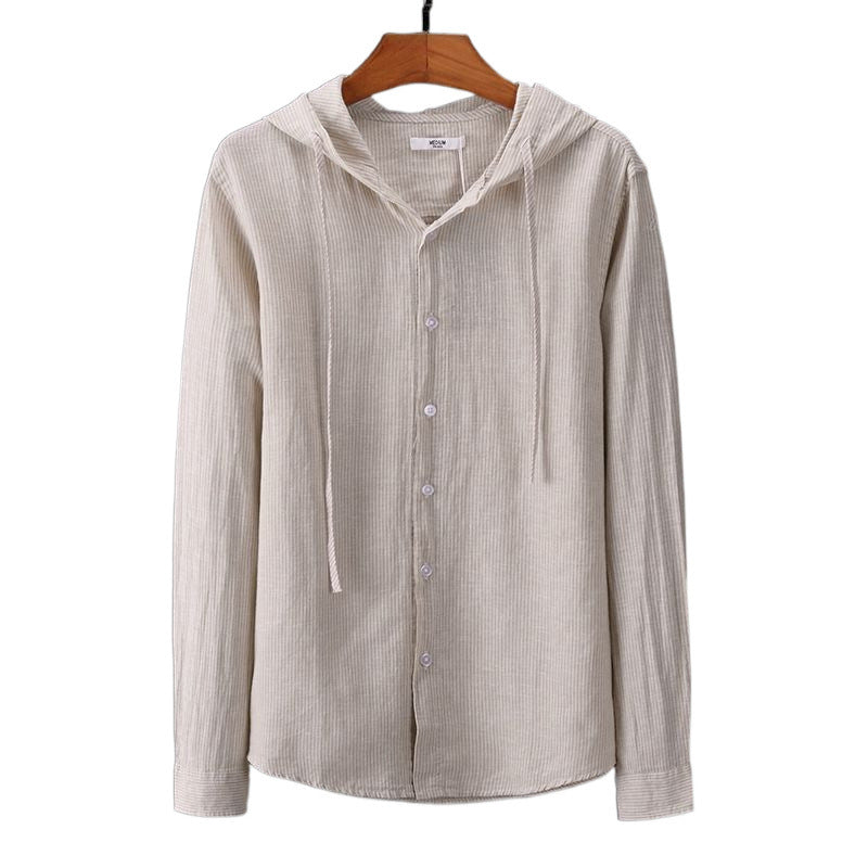 Hooded Tether Thin Loose Long Linen Sleeves Men's Shirt