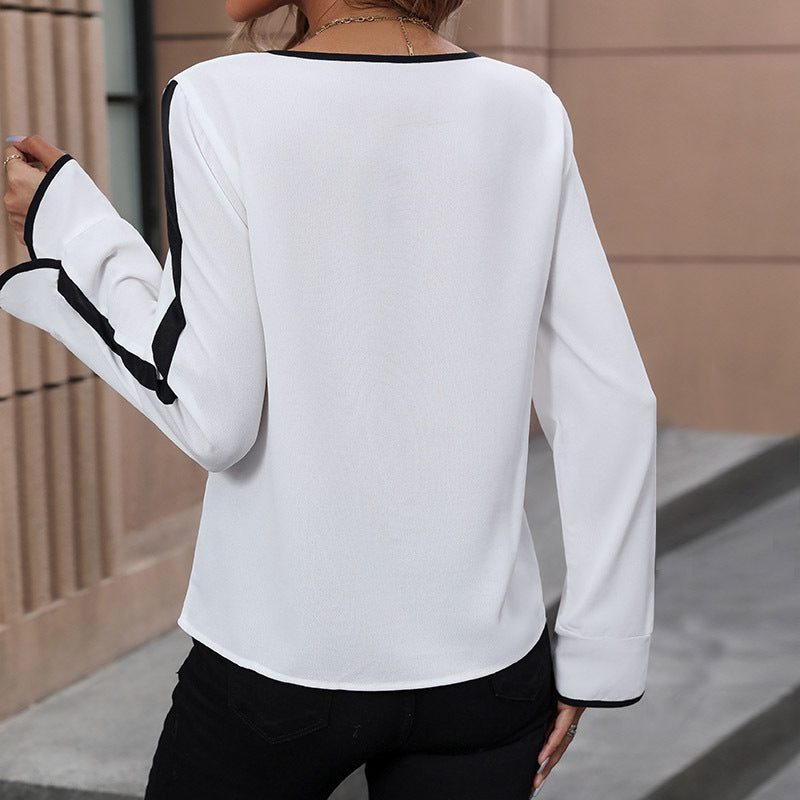 Spring Women's Commuter Top Lace-up Bow Shirt Long-sleeved Contrasting Color Shirt