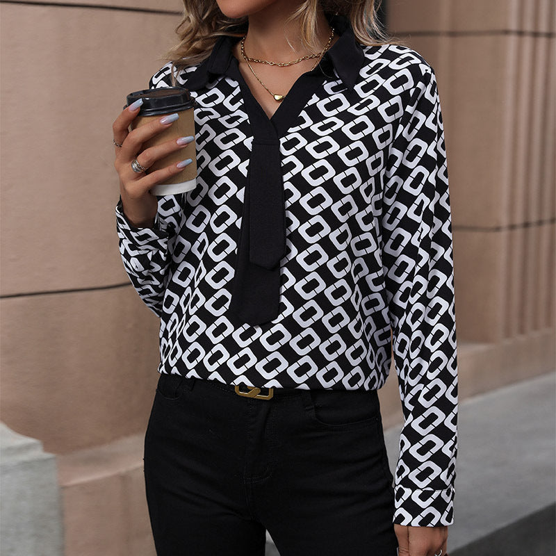 Spring New Women's Clothing European And American Long-sleeved Printed Women's Lapel Shirt