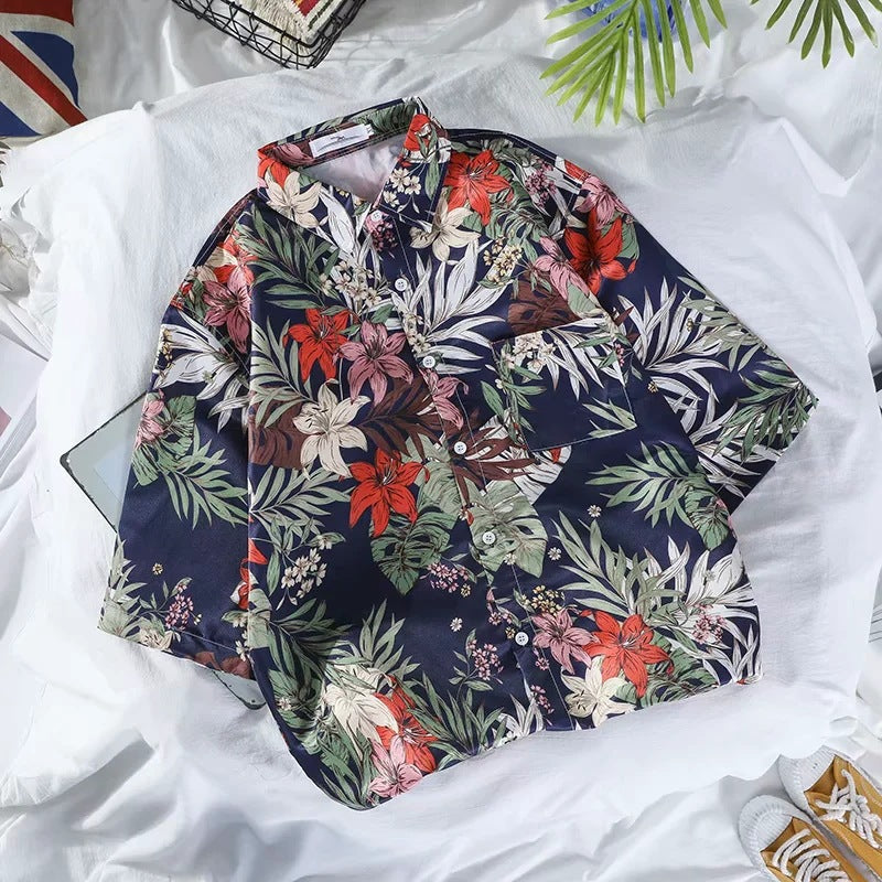 Ins Super Hot Shirt Men's Summer Hawaii Bali Vacation Wind Sleeves Fancy Hainan Island Beach Village Clothing Trend