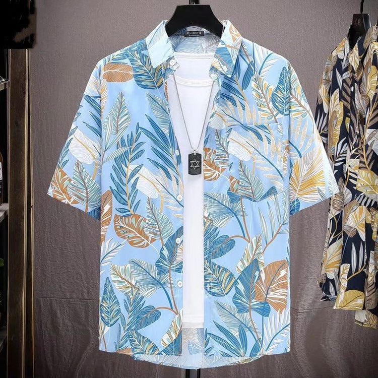 Summer New Hawaiian Shirt Thin Section Quick-drying Ice Silk Loose All-match Beach Print Men's Short-sleeved Shirt Tide