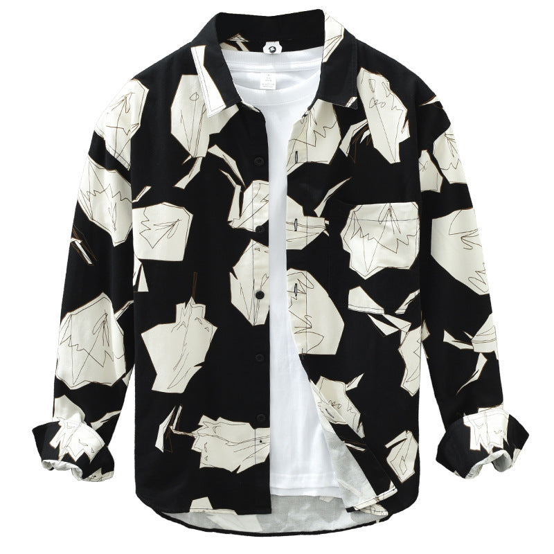 1579 Trend Printed Shirt Men's Long Sleeve Hong Kong Style Japanese Fashion Handsome Loose Casual Shirt