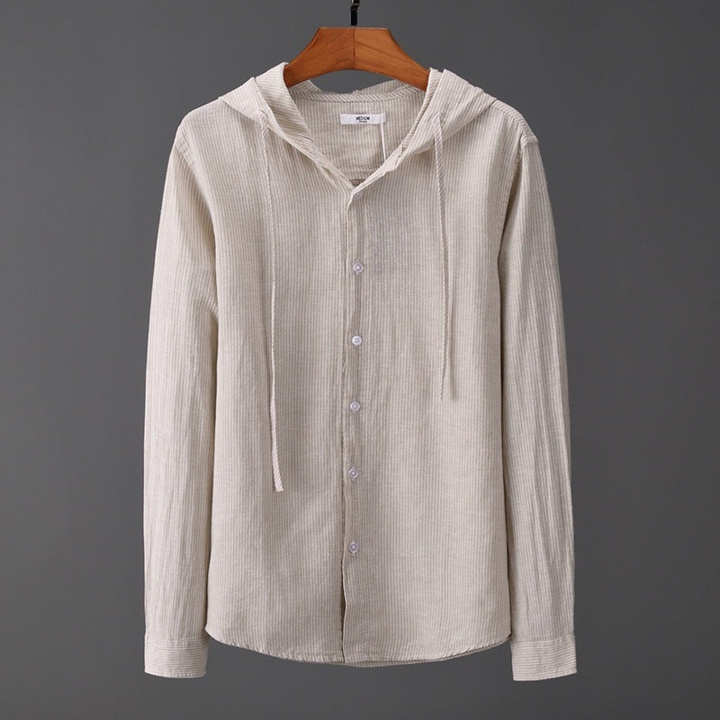 Hooded Tether Thin Loose Long Linen Sleeves Men's Shirt