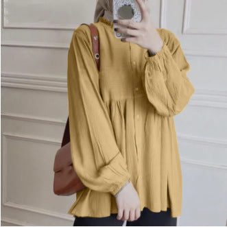 New Cross-border Women's Loose Solid Color Lantern Sleeve Cardigan Ruffled Round Neck Solid Color All-match Top