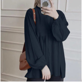 New Cross-border Women's Loose Solid Color Lantern Sleeve Cardigan Ruffled Round Neck Solid Color All-match Top