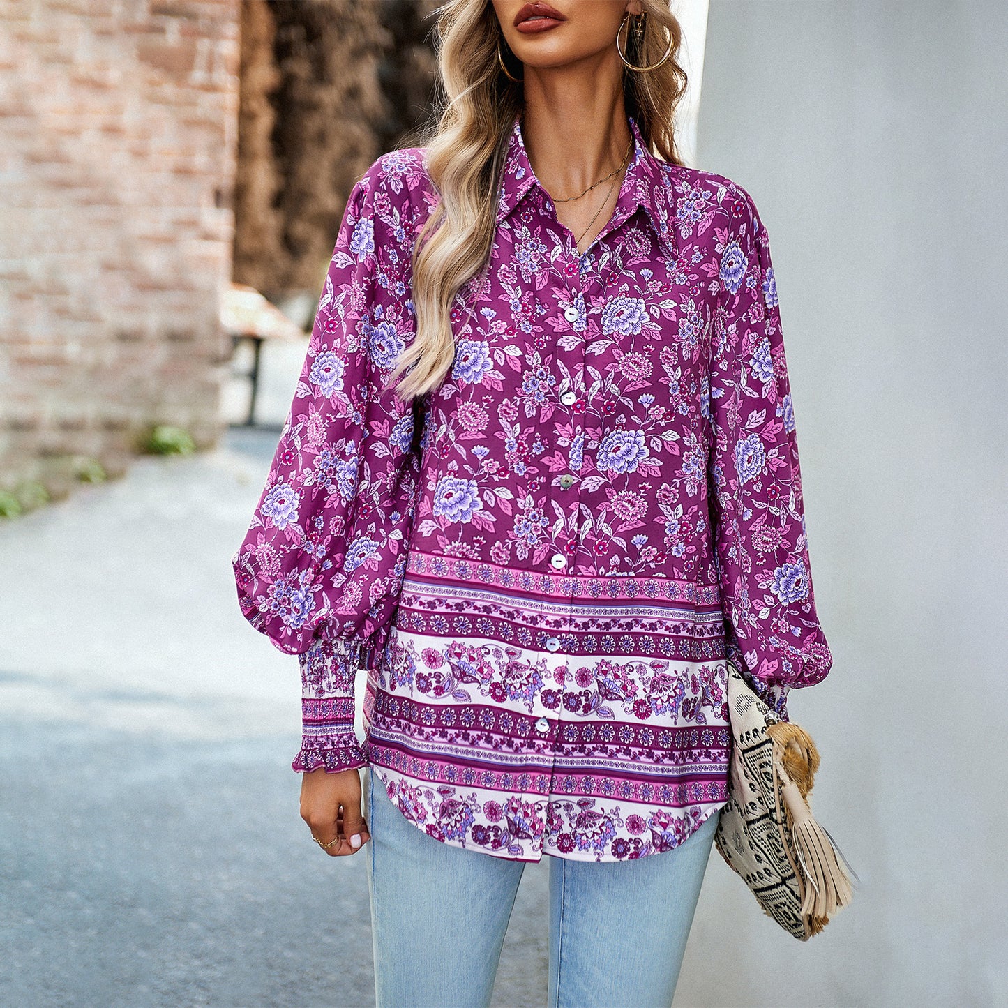 Diyun Design European And American Cross-Border Amazon Printed Shirt Women's 2023 Autumn And Winter Foreign Trade Vacation Casual Long-Sleeved Top