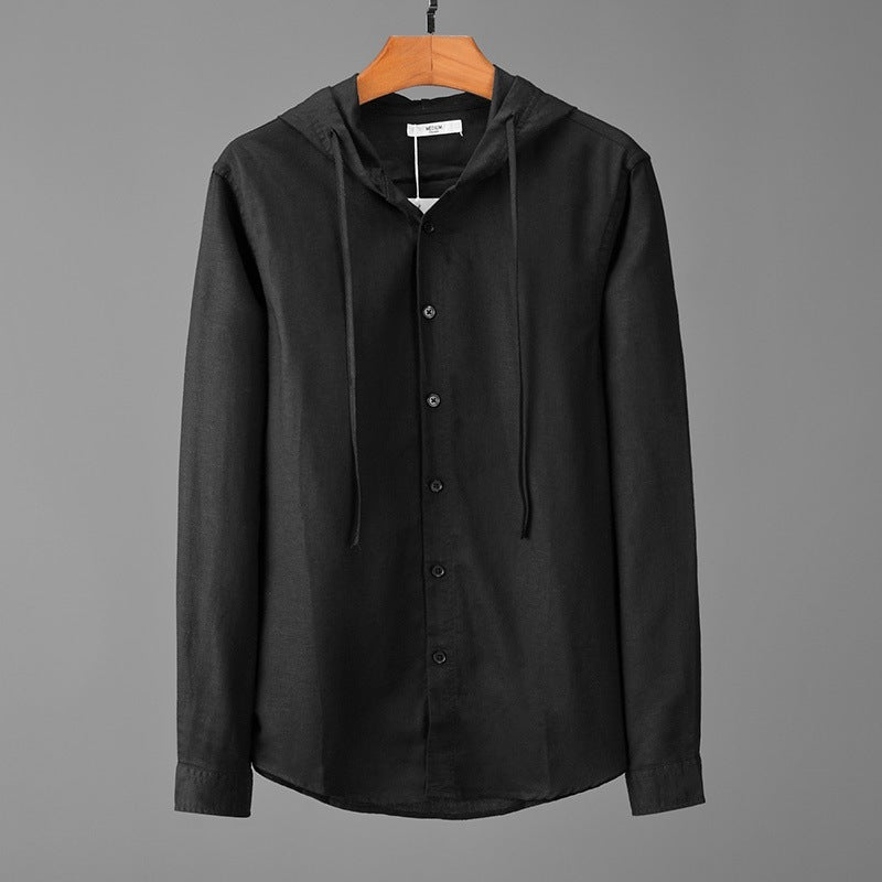Hooded Tether Thin Loose Long Linen Sleeves Men's Shirt