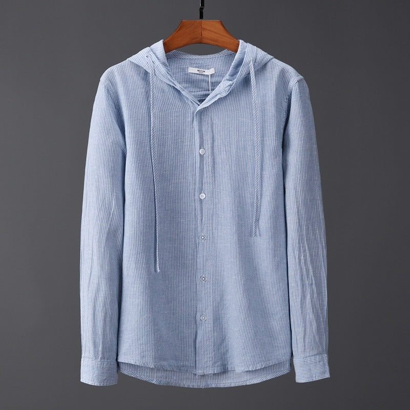 Hooded Tether Thin Loose Long Linen Sleeves Men's Shirt