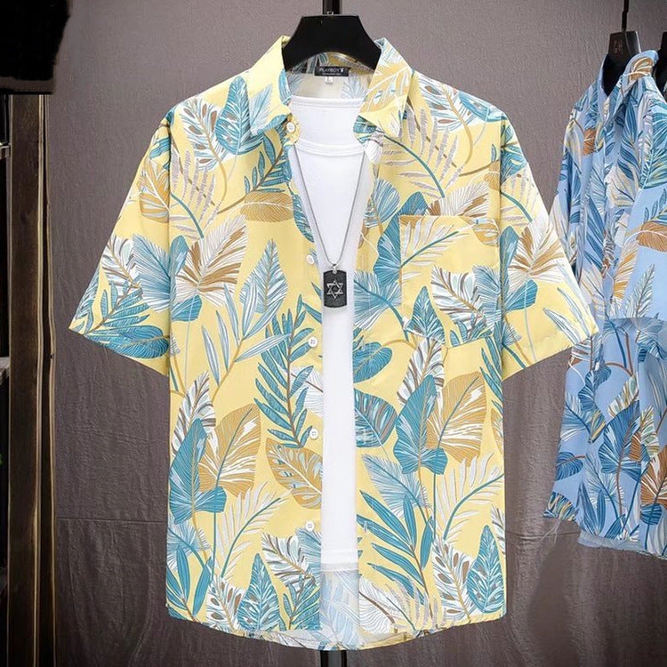 Summer New Hawaiian Shirt Thin Section Quick-drying Ice Silk Loose All-match Beach Print Men's Short-sleeved Shirt Tide