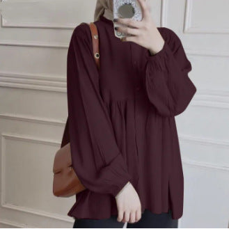 New Cross-border Women's Loose Solid Color Lantern Sleeve Cardigan Ruffled Round Neck Solid Color All-match Top