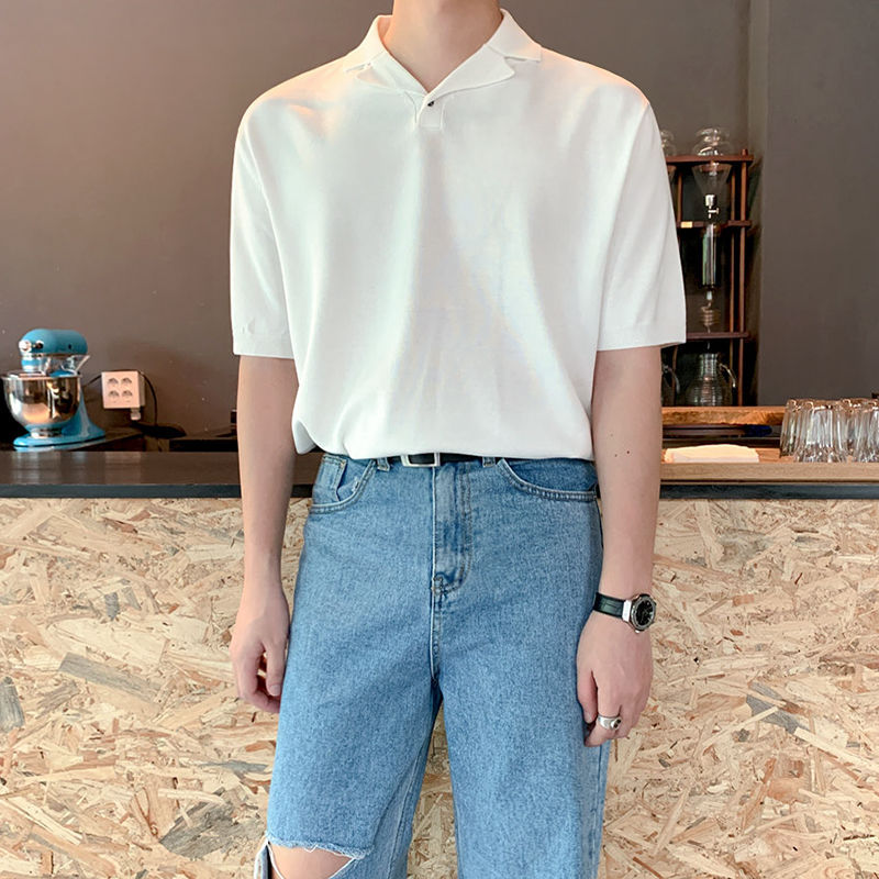 MYQ Short-sleeved Polo Shirt T-shirt Men's Summer Korean-style Loose Solid Color Cuban Collar Half-sleeved Lapel Knitted Shirt T-shirt
