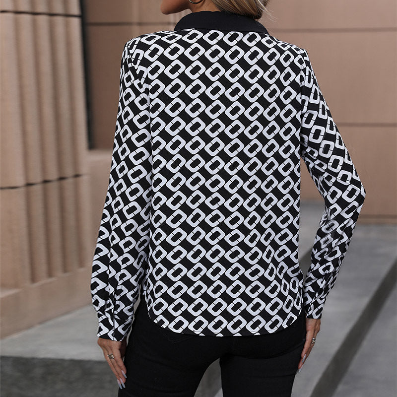Spring New Women's Clothing European And American Long-sleeved Printed Women's Lapel Shirt