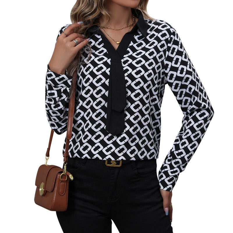 Spring New Women's Clothing European And American Long-sleeved Printed Women's Lapel Shirt