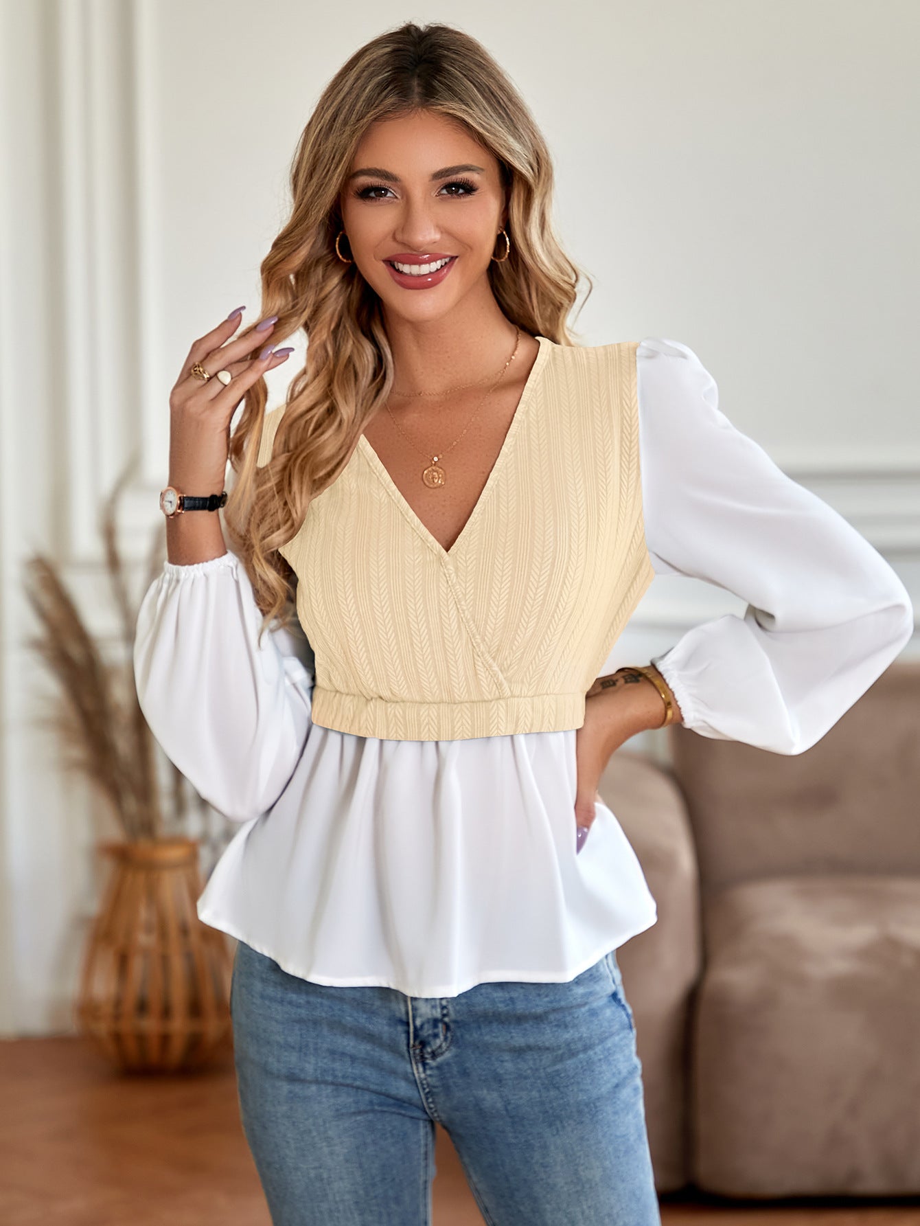 Amazon EBay 2023 European And American Autumn And Winter New Women's Clothing Cross-border Casual Solid Color V-neck Splicing Long-sleeved Tops For Women