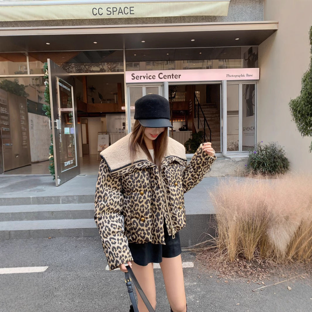 Leopard Print Large Lel Women's Short Slim Look Elegant Loose Coat