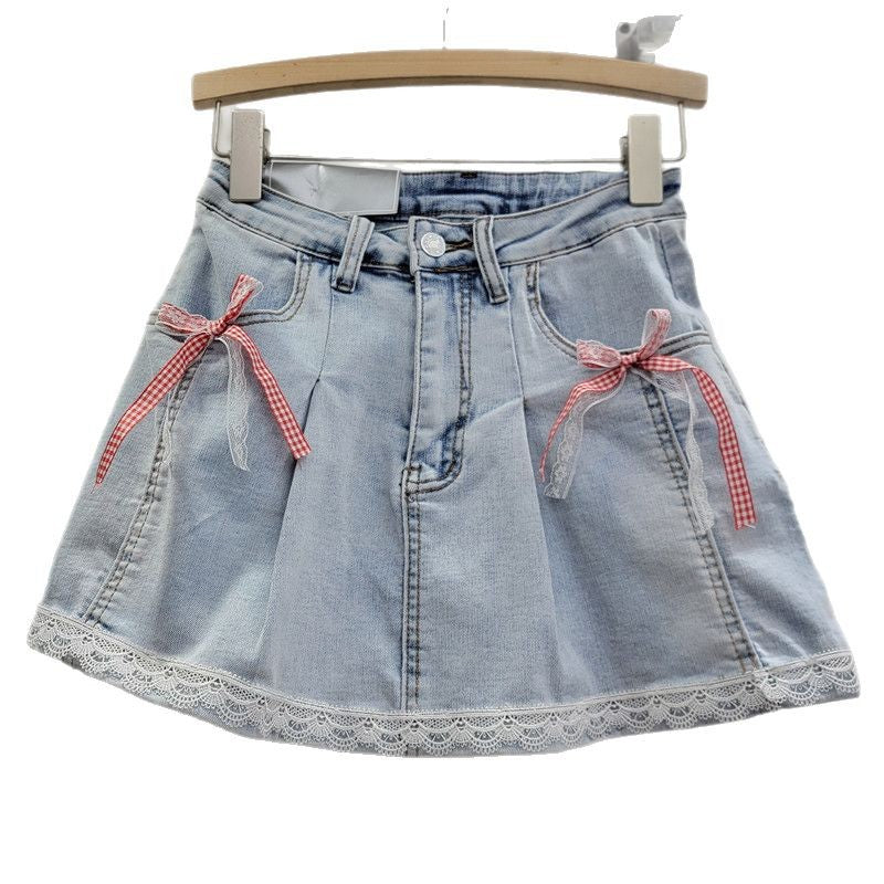 Lace Lace Band Bow High Waist Slimming A- Line Skirt