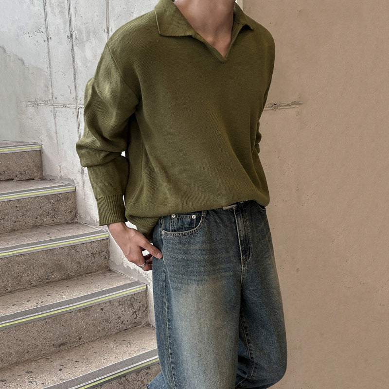 Light Mature Style V-neck Sweater Men's Autumn And Winter Loose Sticky Soft Sweater Korean Style Trendy Simple Base Shirt