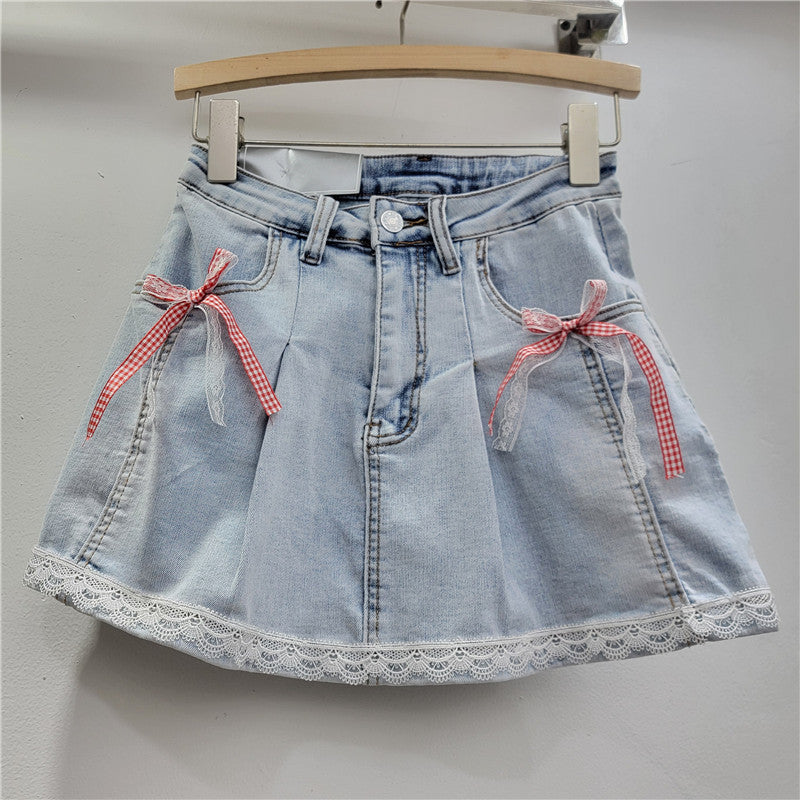 Lace Lace Band Bow High Waist Slimming A- Line Skirt