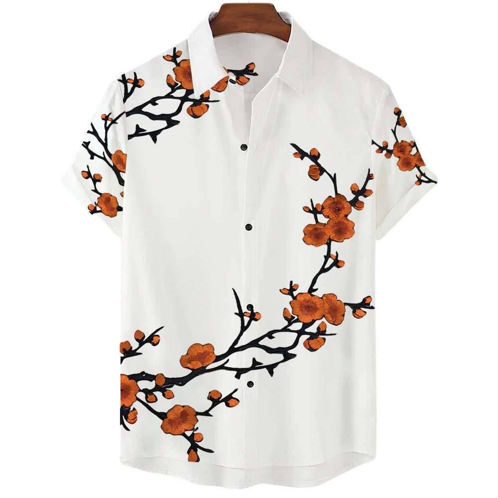 Summer New Men's Clothing Casual All-matching Fashion Trendy Printed Plant Pattern High Quality Short Sleeve Shirt