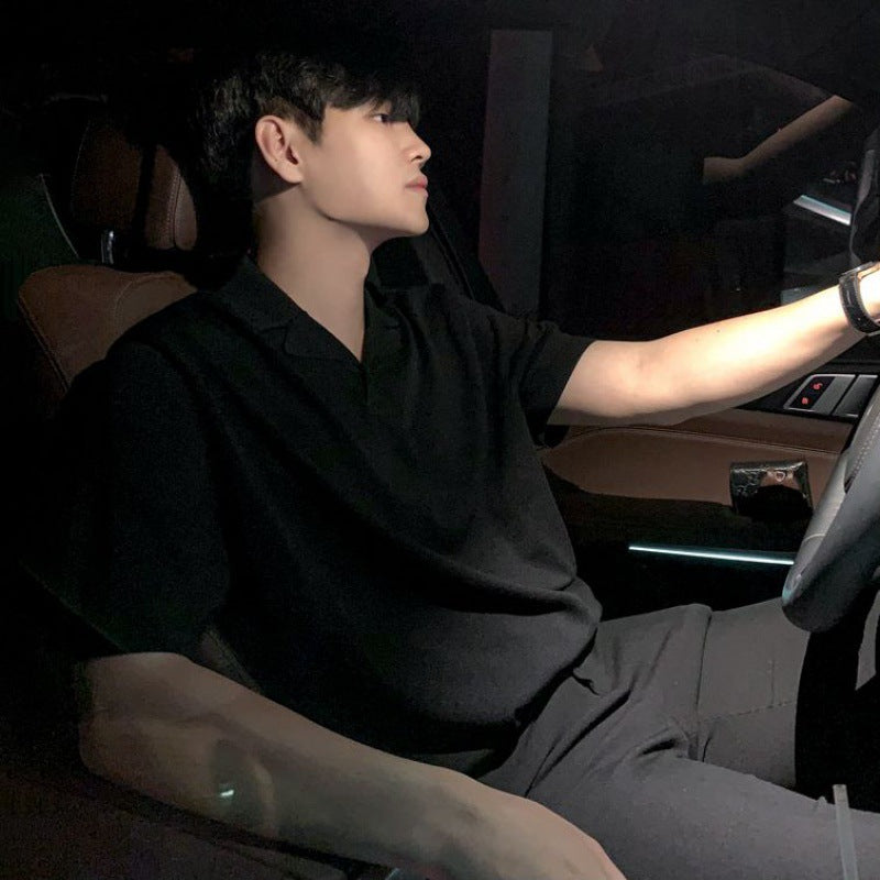 MYQ Short-sleeved Polo Shirt T-shirt Men's Summer Korean-style Loose Solid Color Cuban Collar Half-sleeved Lapel Knitted Shirt T-shirt