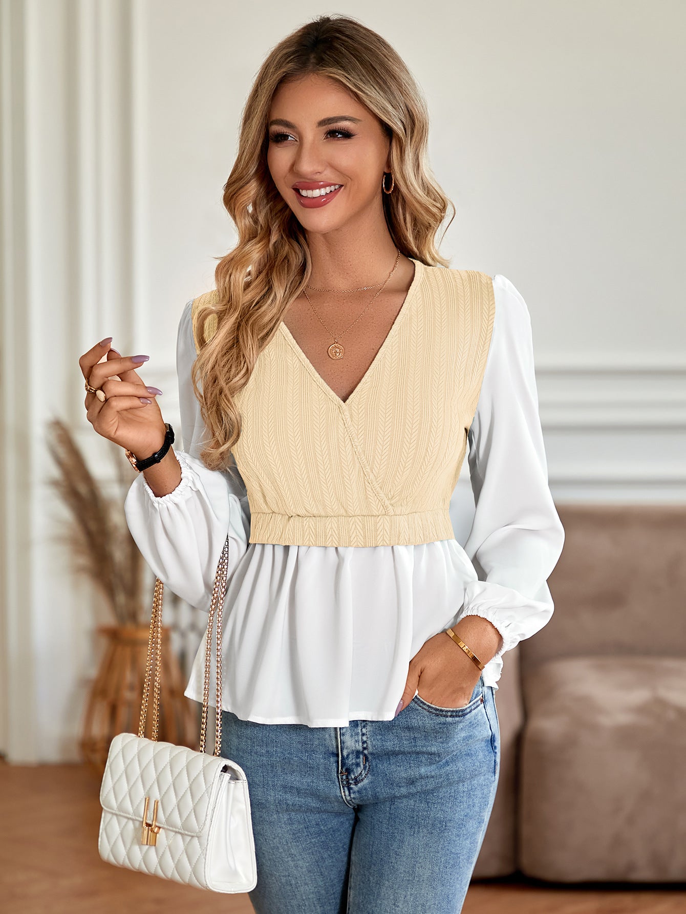 Amazon EBay 2023 European And American Autumn And Winter New Women's Clothing Cross-border Casual Solid Color V-neck Splicing Long-sleeved Tops For Women